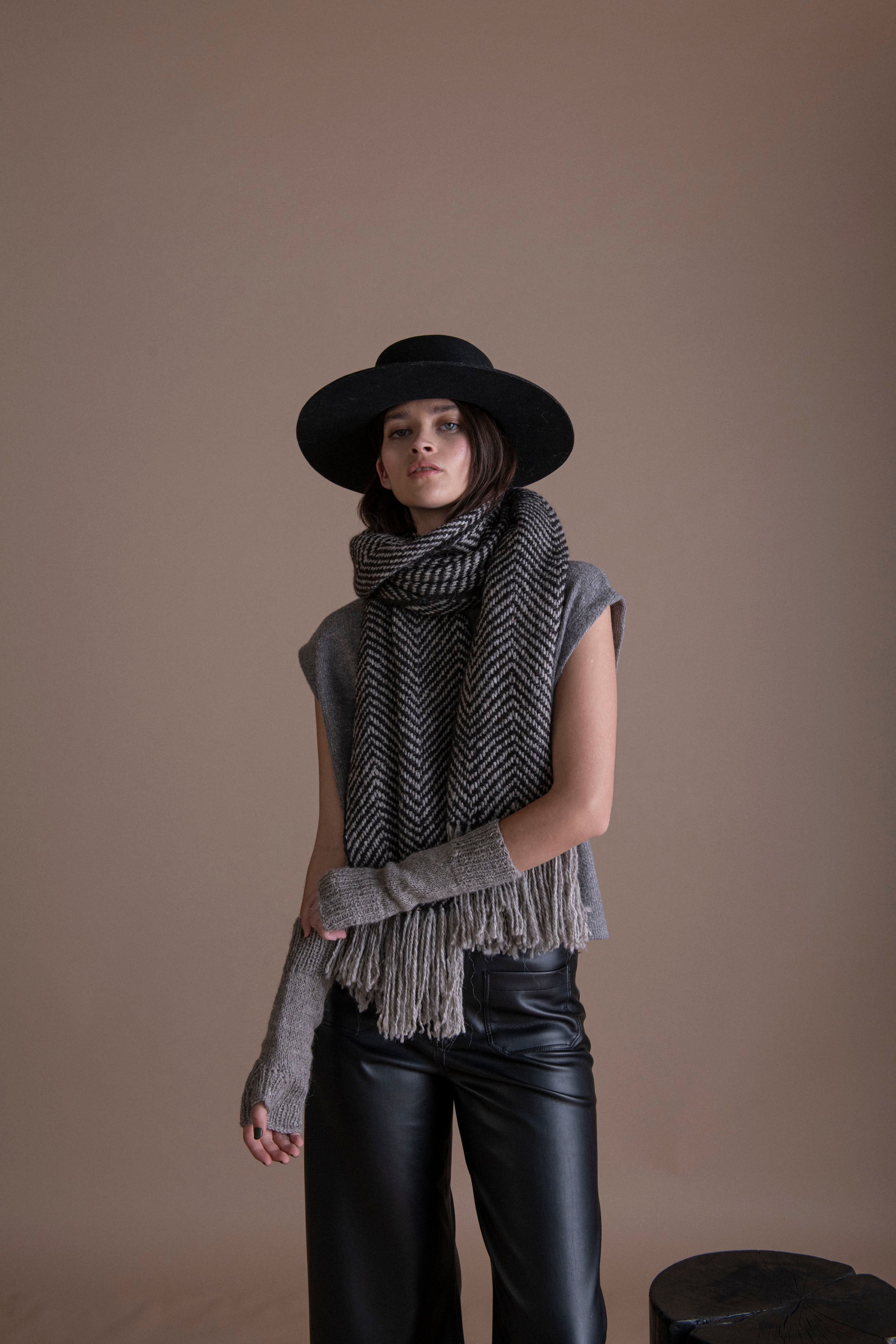 Natural Black Herringbone Stole